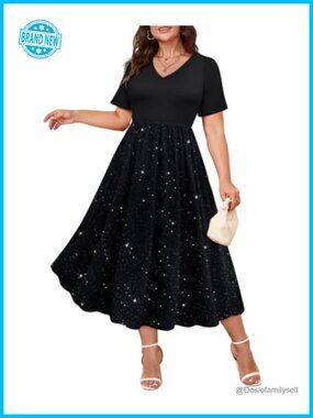 Plus Size Summer Dress Short Sleeve V Neck Patchwork Casual Beach